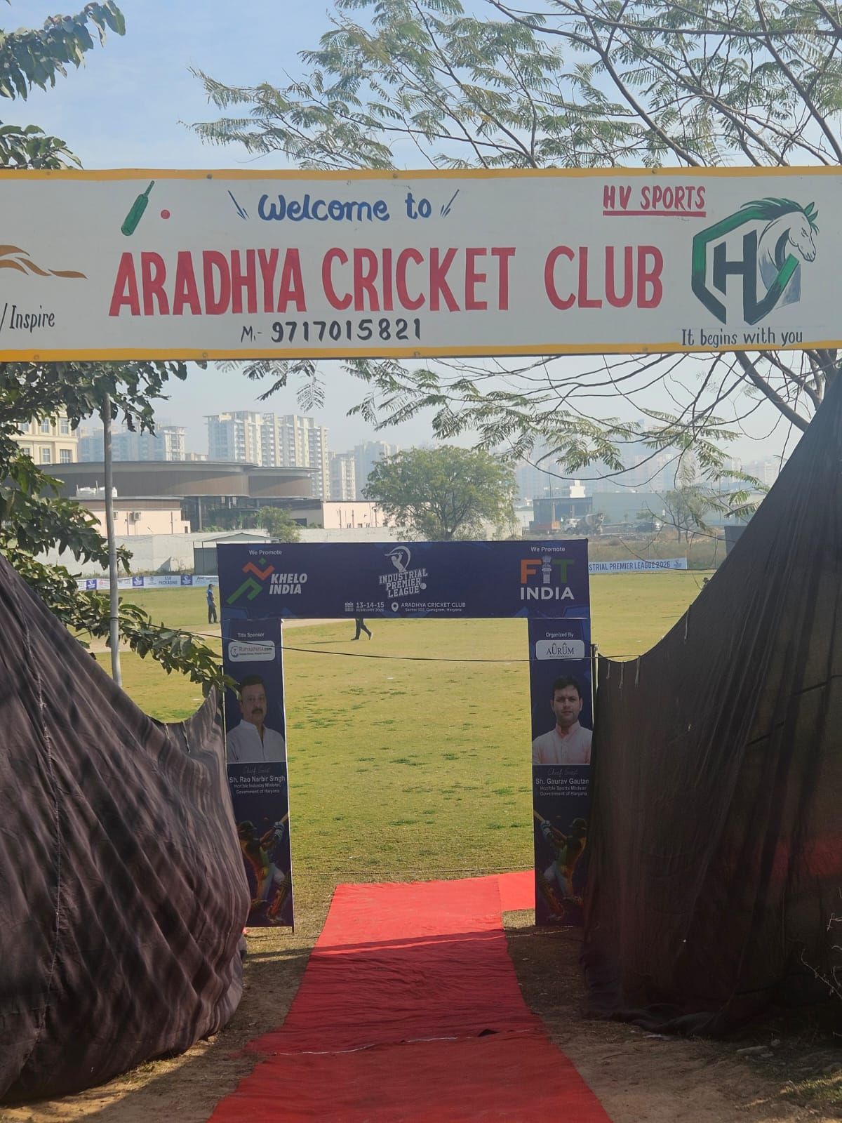 Team dugout set up for a tournament match at Aradhya Cricket Ground