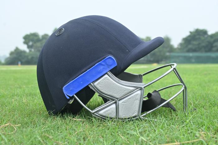 Cricket helmet on the practice ground